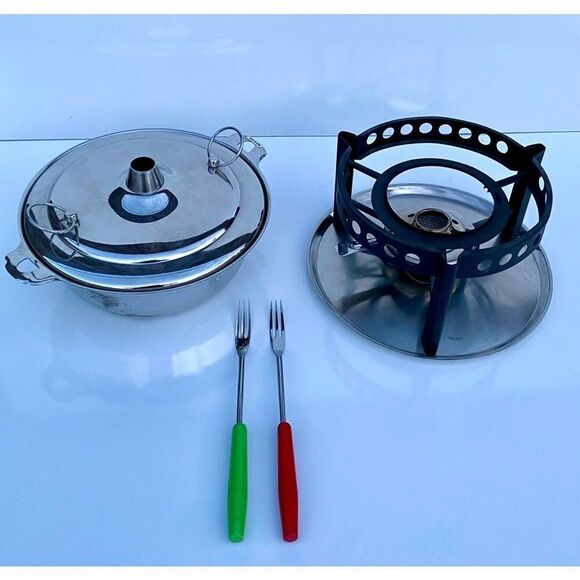 Vintage Japanese Stainless Steel Fondue Set Pot with Lid and Underplate Burner H - Picture 8 of 13